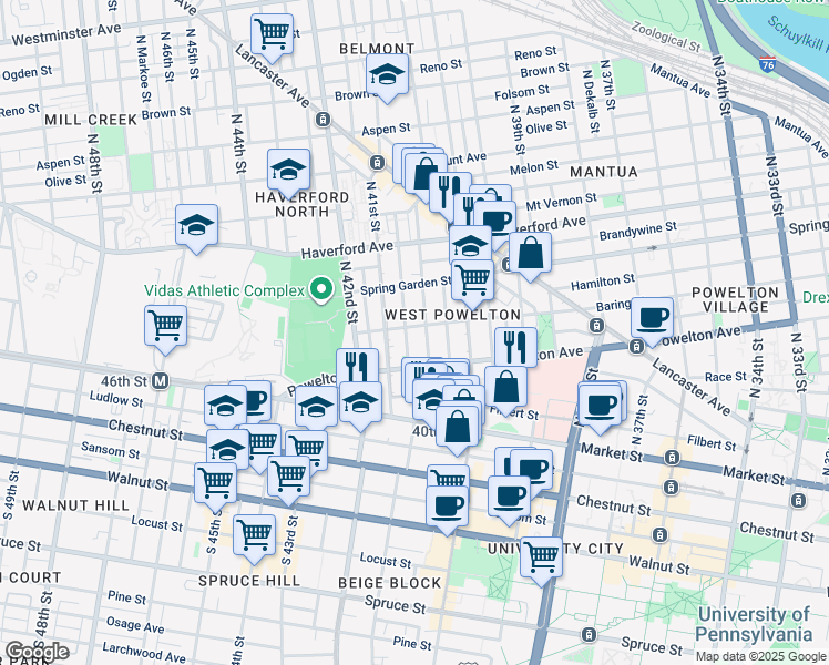 map of restaurants, bars, coffee shops, grocery stores, and more near 4042 Baring Street in Philadelphia