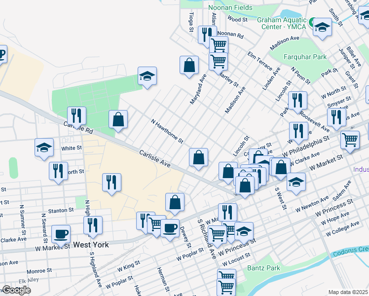 map of restaurants, bars, coffee shops, grocery stores, and more near 804 Pennsylvania Avenue in York