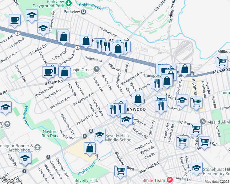 map of restaurants, bars, coffee shops, grocery stores, and more near 7111 Sellers Avenue in Delaware County