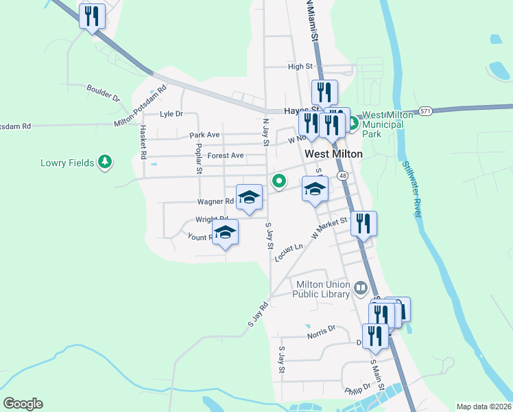 map of restaurants, bars, coffee shops, grocery stores, and more near 33 Wagner Road in West Milton