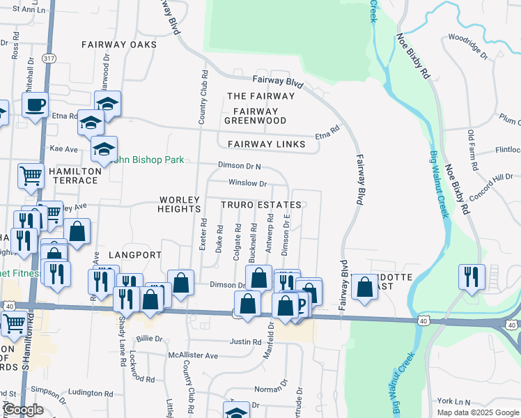 map of restaurants, bars, coffee shops, grocery stores, and more near 874 Bucknell Road in Columbus