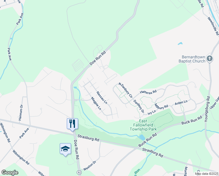 map of restaurants, bars, coffee shops, grocery stores, and more near 50 North Danbury Circle in Coatesville