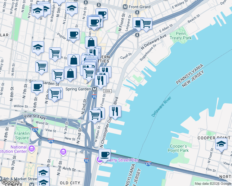 map of restaurants, bars, coffee shops, grocery stores, and more near 3600 Spring Garden Street in Philadelphia