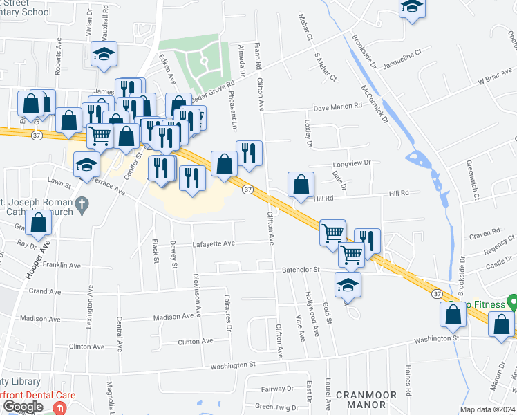 map of restaurants, bars, coffee shops, grocery stores, and more near 281 New Jersey 37 in Toms River