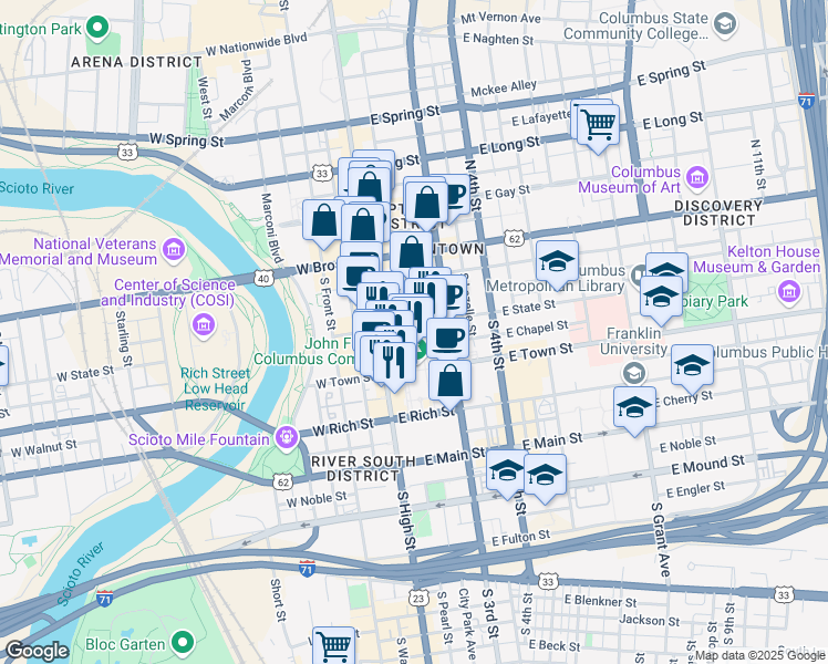 map of restaurants, bars, coffee shops, grocery stores, and more near 39 East State Street in Columbus