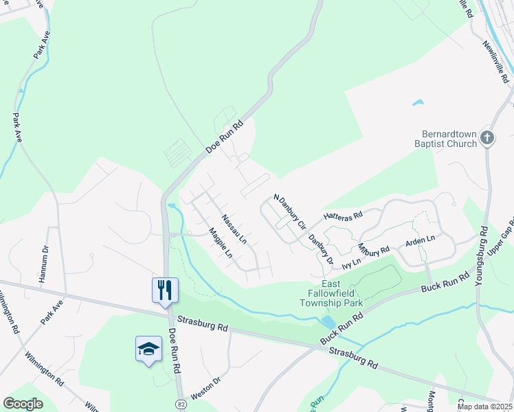map of restaurants, bars, coffee shops, grocery stores, and more near 50 North Danbury Circle in Coatesville
