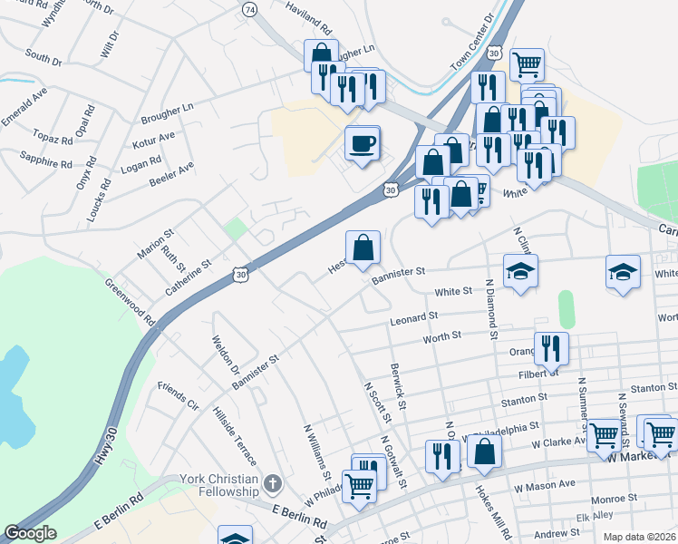 map of restaurants, bars, coffee shops, grocery stores, and more near 2147 Bannister Street in York
