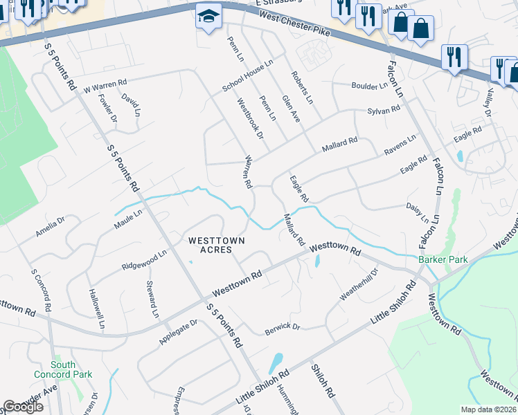 map of restaurants, bars, coffee shops, grocery stores, and more near 1038 Warren Road in West Chester