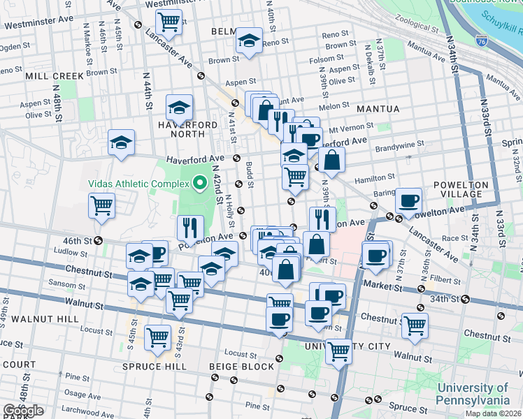 map of restaurants, bars, coffee shops, grocery stores, and more near 4036 Baring Street in Philadelphia