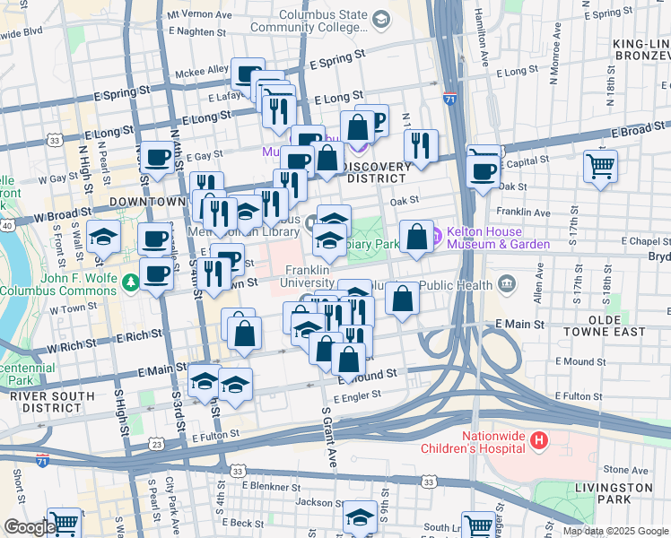map of restaurants, bars, coffee shops, grocery stores, and more near 408 East Town Street in Columbus