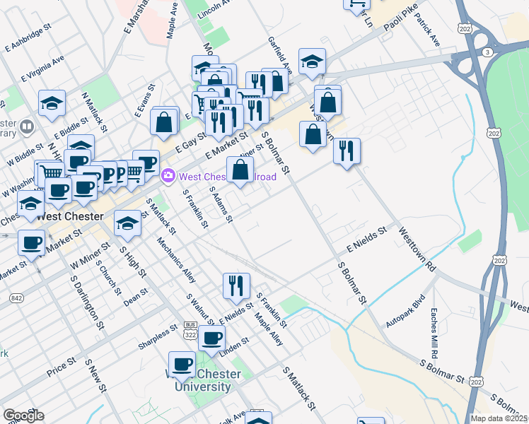 map of restaurants, bars, coffee shops, grocery stores, and more near 540 East Union Street in West Chester