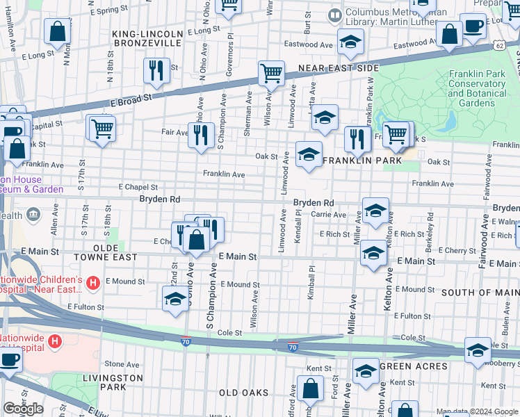 map of restaurants, bars, coffee shops, grocery stores, and more near 285 Wilson Avenue in Columbus