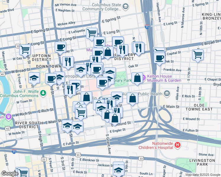 map of restaurants, bars, coffee shops, grocery stores, and more near 408 East Town Street in Columbus
