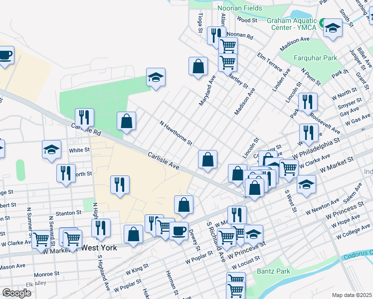 map of restaurants, bars, coffee shops, grocery stores, and more near 817 Pennsylvania Avenue in York