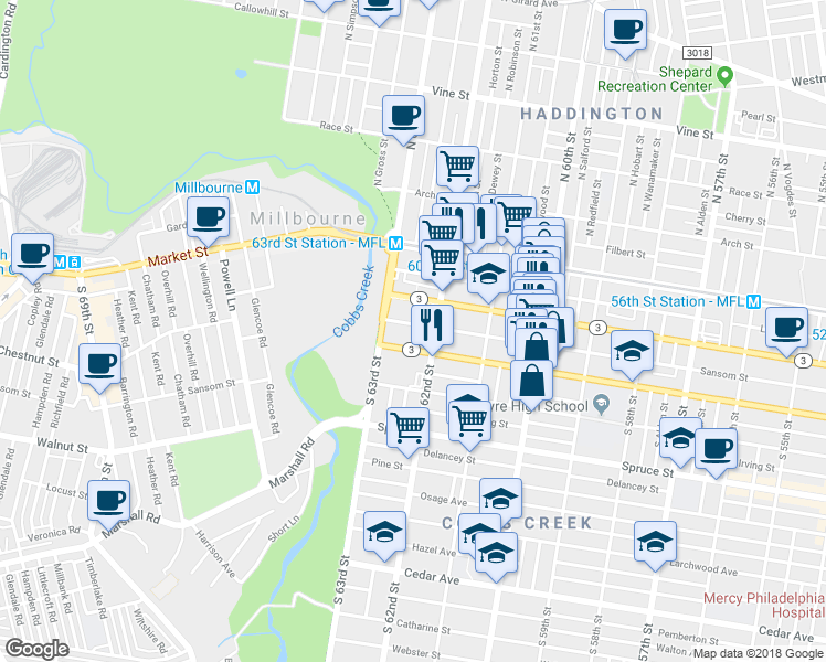 map of restaurants, bars, coffee shops, grocery stores, and more near 6226 Sansom Street in Philadelphia