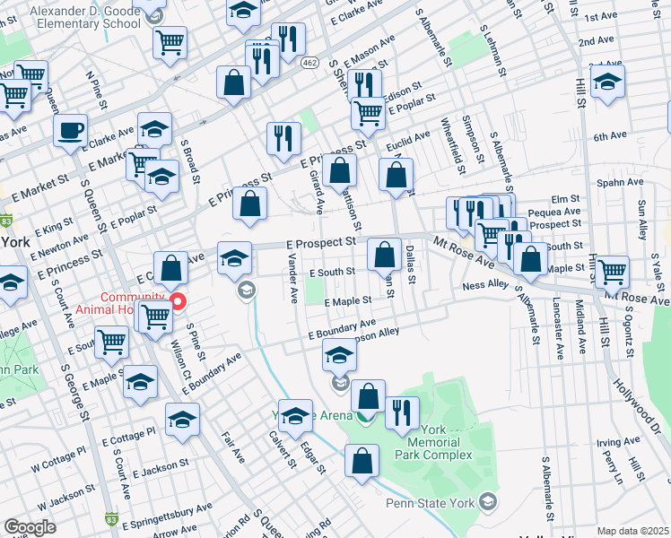 map of restaurants, bars, coffee shops, grocery stores, and more near 535 Girard Avenue in York