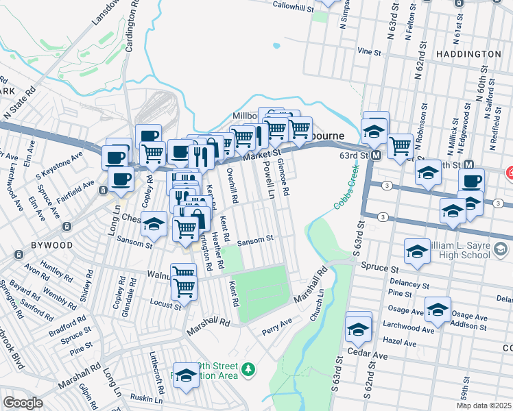 map of restaurants, bars, coffee shops, grocery stores, and more near 103 Marlborough Road in Delaware County