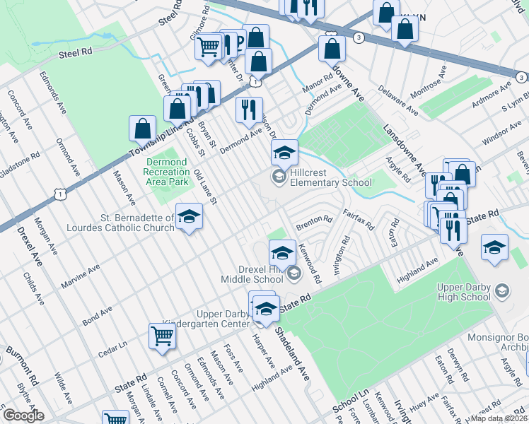 map of restaurants, bars, coffee shops, grocery stores, and more near 2600 Bond Avenue in Drexel Hill