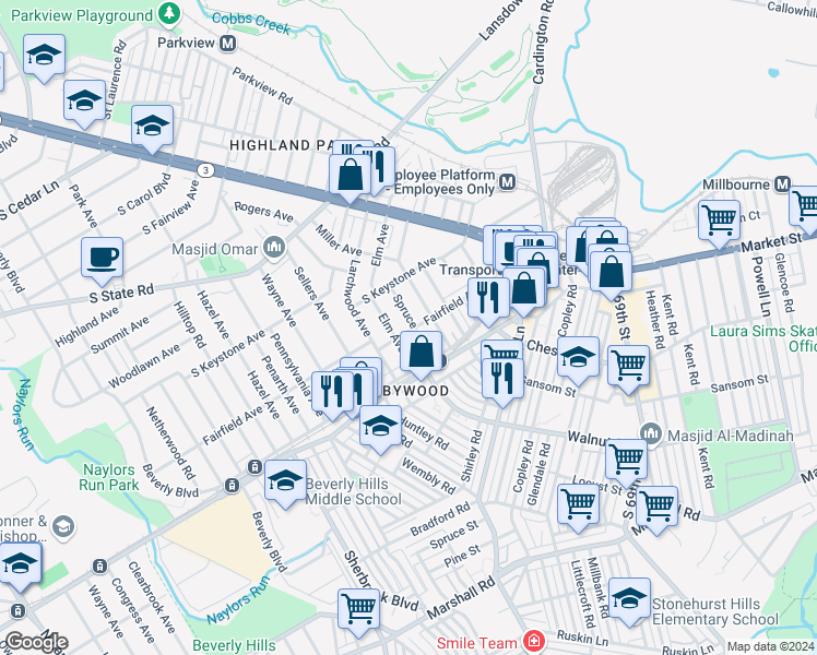 map of restaurants, bars, coffee shops, grocery stores, and more near 500 Spruce Avenue in Delaware County