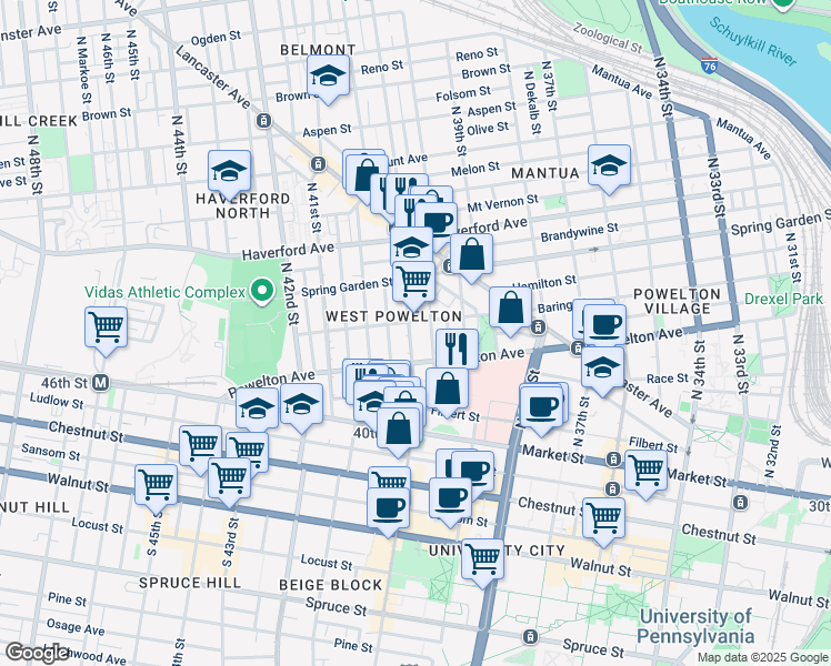 map of restaurants, bars, coffee shops, grocery stores, and more near 331 North 40th Street in Philadelphia