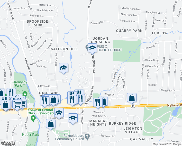 map of restaurants, bars, coffee shops, grocery stores, and more near 7656 Springrun Court in Reynoldsburg