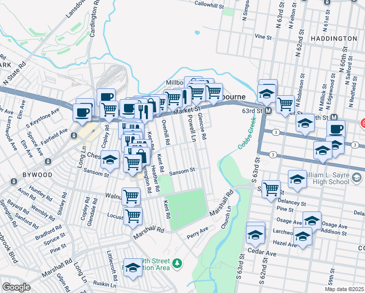 map of restaurants, bars, coffee shops, grocery stores, and more near 103 Marlborough Road in Delaware County
