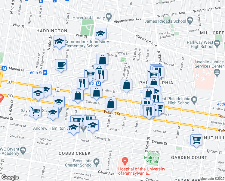 map of restaurants, bars, coffee shops, grocery stores, and more near 24 South 55th Street in Philadelphia
