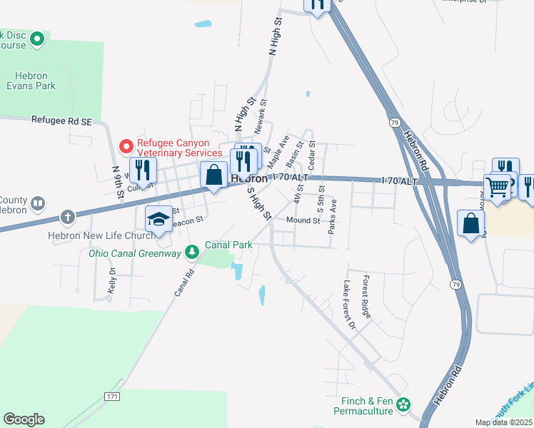 map of restaurants, bars, coffee shops, grocery stores, and more near Old State Route 79 in Hebron
