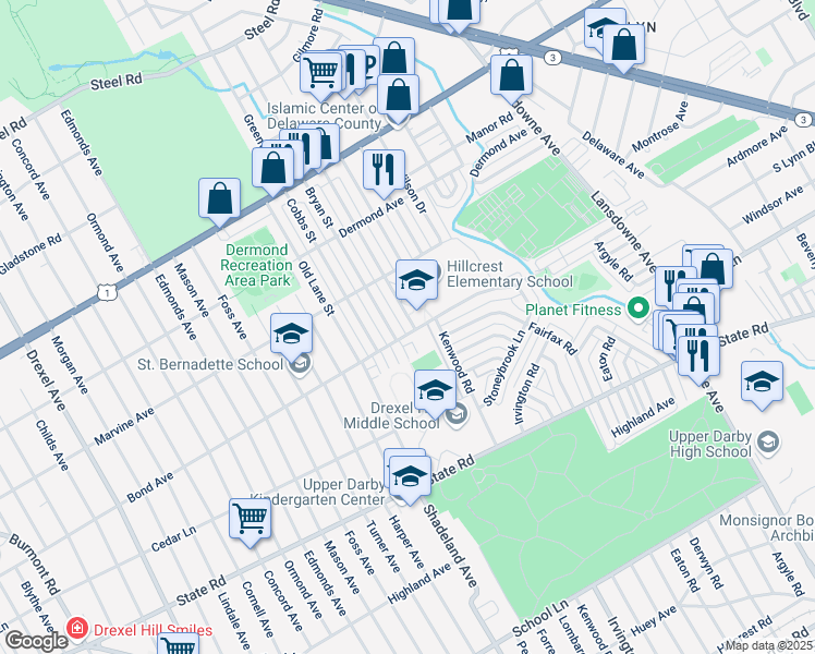 map of restaurants, bars, coffee shops, grocery stores, and more near 2600 Bond Avenue in Drexel Hill