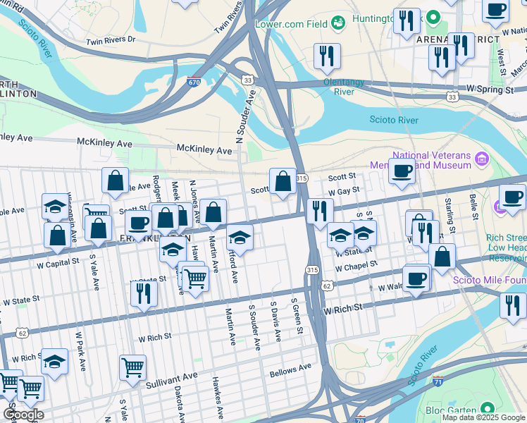 map of restaurants, bars, coffee shops, grocery stores, and more near 770 West Broad Street in Columbus