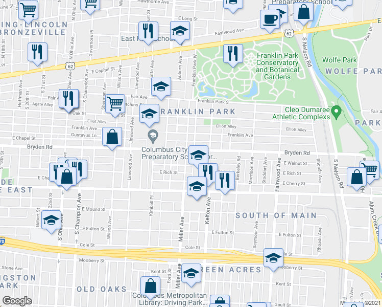 map of restaurants, bars, coffee shops, grocery stores, and more near 1479 Bryden Road in Columbus