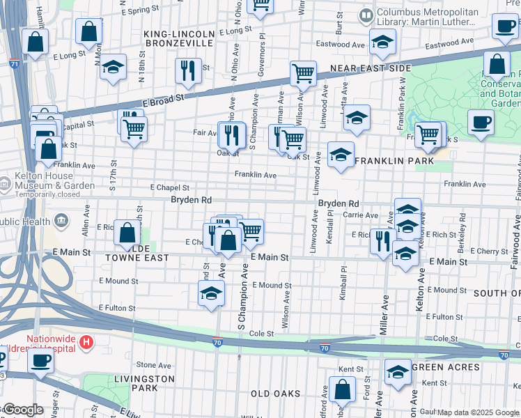 map of restaurants, bars, coffee shops, grocery stores, and more near 1191 Bryden Road in Columbus