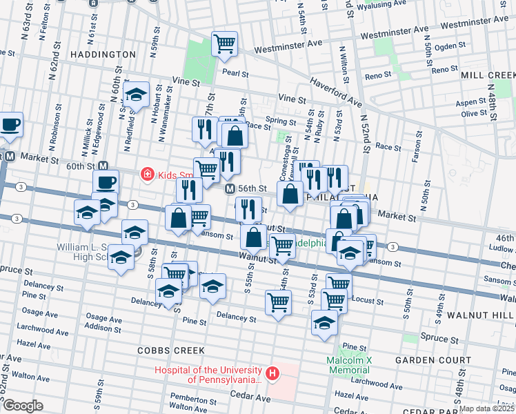 map of restaurants, bars, coffee shops, grocery stores, and more near 24 South 55th Street in Philadelphia