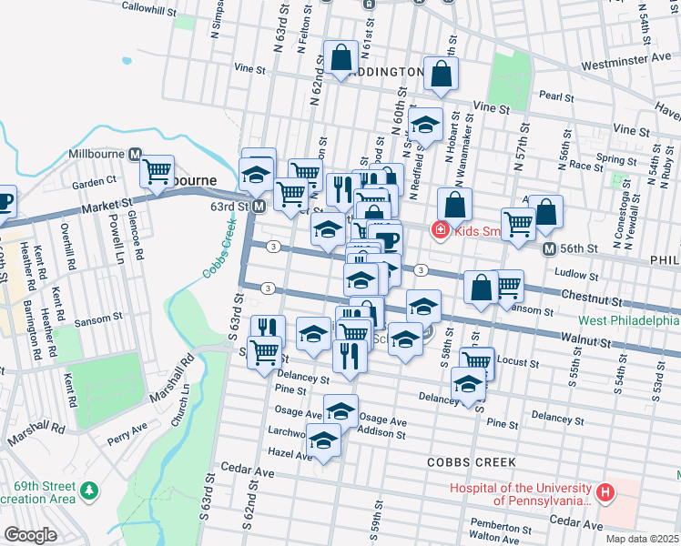 map of restaurants, bars, coffee shops, grocery stores, and more near 6045 Sansom Street in Philadelphia