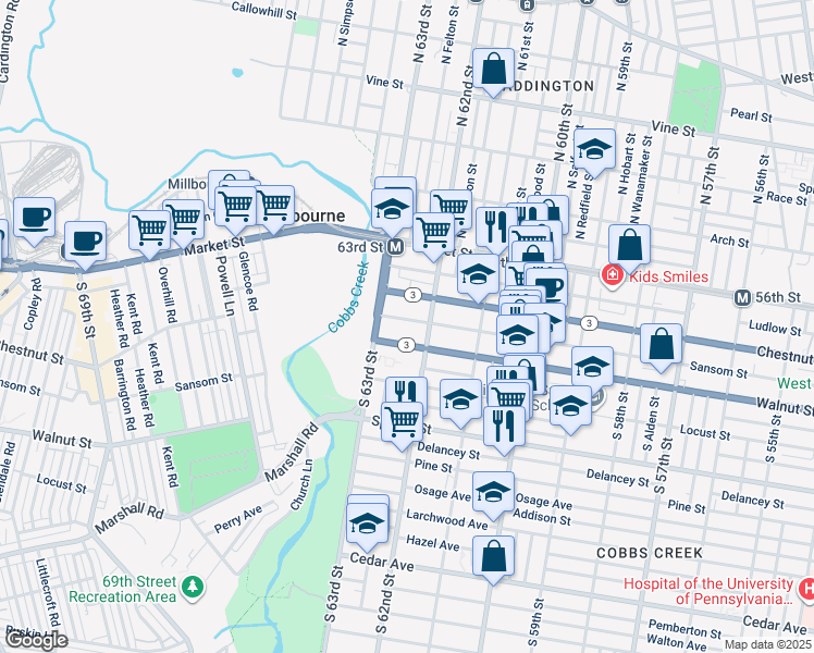 map of restaurants, bars, coffee shops, grocery stores, and more near 6226 Sansom Street in Philadelphia