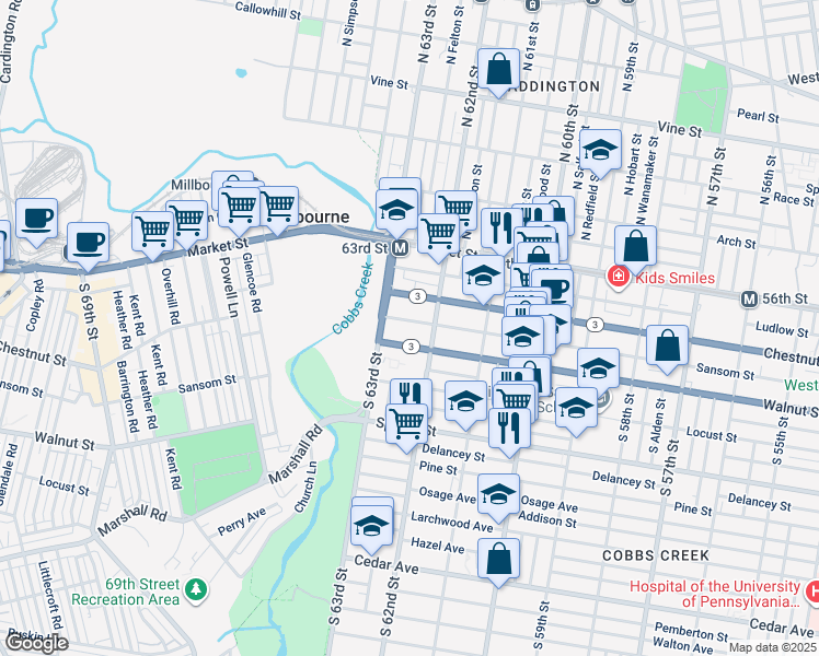 map of restaurants, bars, coffee shops, grocery stores, and more near 6230 Sansom Street in Philadelphia
