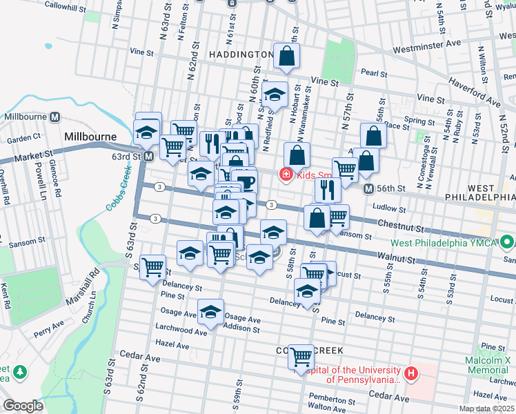 map of restaurants, bars, coffee shops, grocery stores, and more near 5916 Chestnut Street in Philadelphia