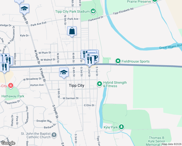 map of restaurants, bars, coffee shops, grocery stores, and more near 104 East Dow Street in Tipp City