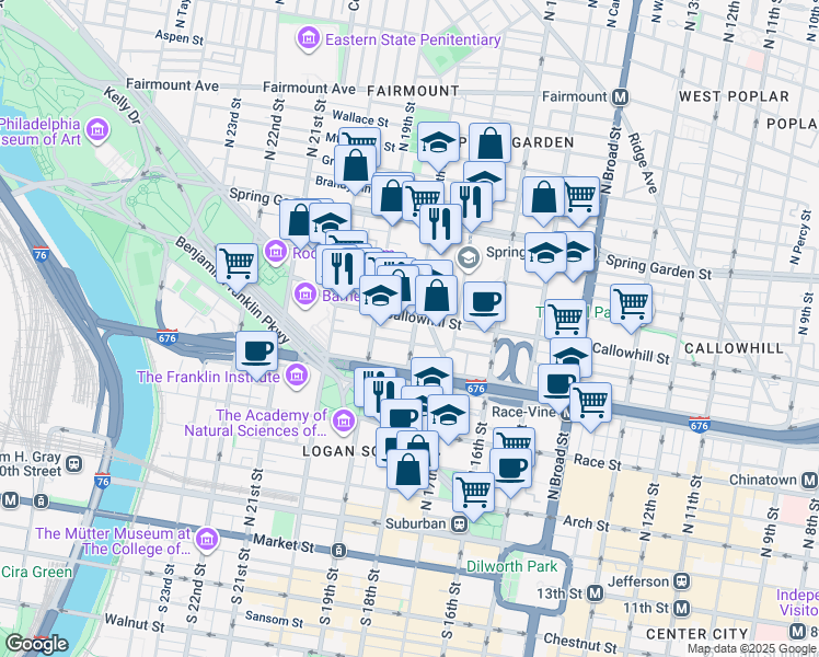 map of restaurants, bars, coffee shops, grocery stores, and more near 324 N 18th St in Philadelphia