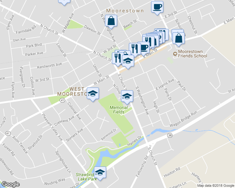 map of restaurants, bars, coffee shops, grocery stores, and more near 10 East Close in Moorestown