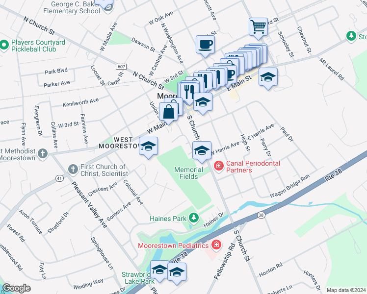 map of restaurants, bars, coffee shops, grocery stores, and more near 18 East Close in Moorestown