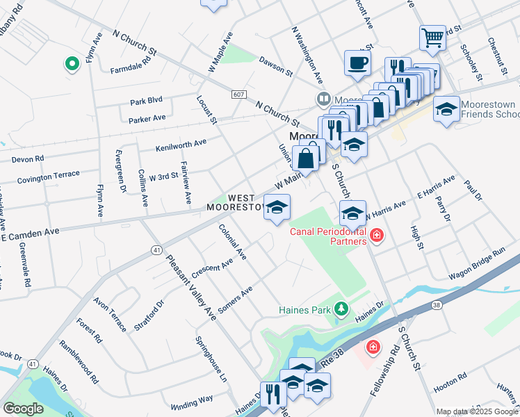 map of restaurants, bars, coffee shops, grocery stores, and more near 312 West Main Street in Moorestown