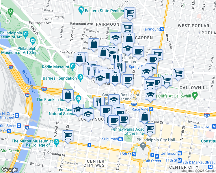 map of restaurants, bars, coffee shops, grocery stores, and more near 2 Franklin Town Boulevard in Philadelphia
