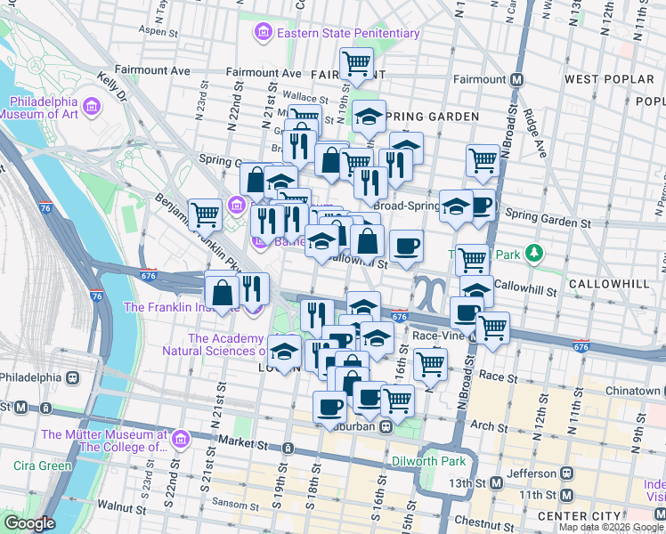 map of restaurants, bars, coffee shops, grocery stores, and more near 319 North 19th Street in Philadelphia