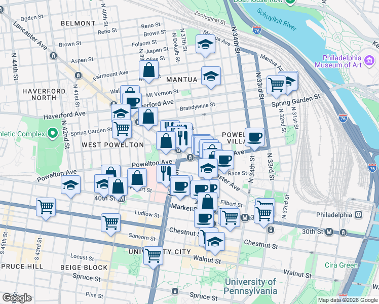map of restaurants, bars, coffee shops, grocery stores, and more near in Philadelphia