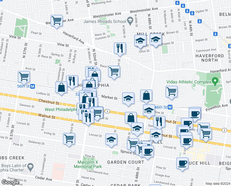 map of restaurants, bars, coffee shops, grocery stores, and more near 12 Farson Street in Philadelphia
