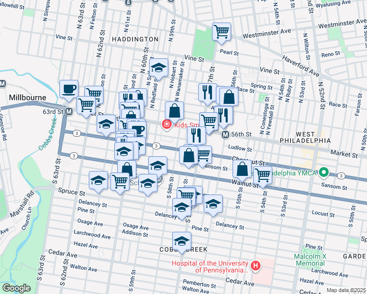 map of restaurants, bars, coffee shops, grocery stores, and more near 5739 Chestnut Street in Philadelphia