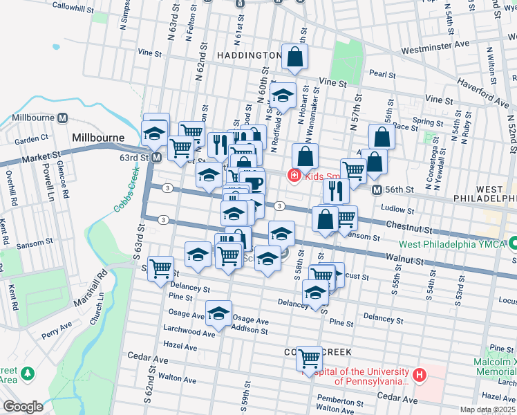 map of restaurants, bars, coffee shops, grocery stores, and more near 114 South Redfield Street in Philadelphia