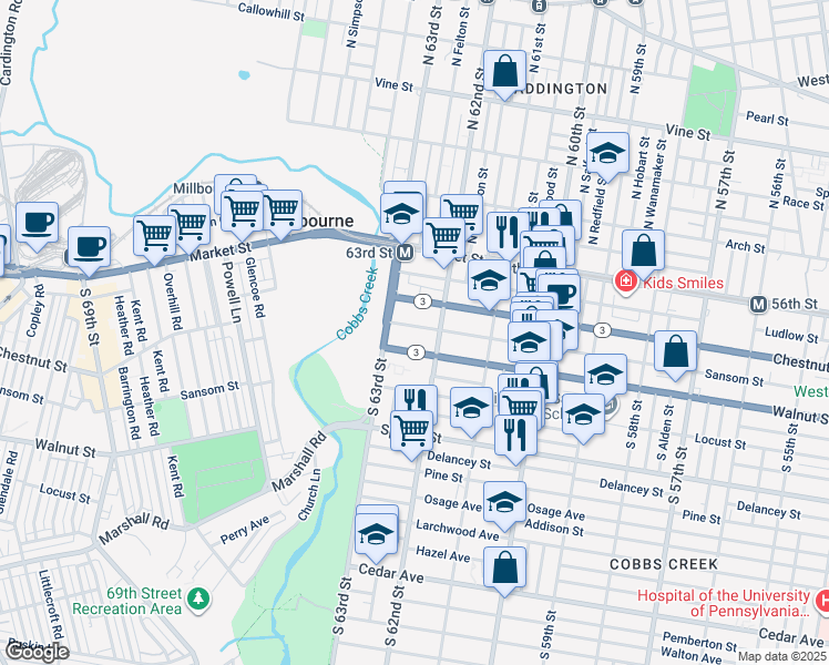 map of restaurants, bars, coffee shops, grocery stores, and more near 6230 Sansom Street in Philadelphia