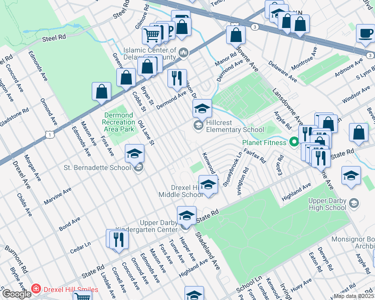 map of restaurants, bars, coffee shops, grocery stores, and more near 2600 Bond Avenue in Drexel Hill